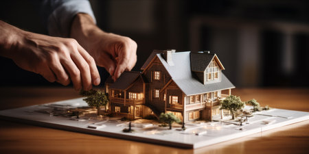 Architectural model of a house being adjusted by a person over blueprints.の素材
