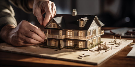 Architectural model of a house being adjusted by a person over blueprints.の素材
