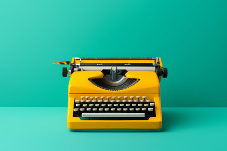 Vintage turquoise typewriter on a yellow background.の素材