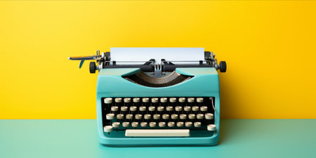 Vintage turquoise typewriter on a yellow background.の素材