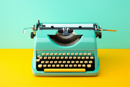Vintage turquoise typewriter on a yellow background.の素材