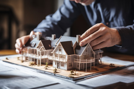 Architectural model of a house being adjusted by a person over blueprints.の素材