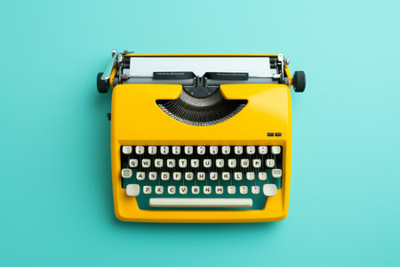 Vintage turquoise typewriter on a yellow background.の素材