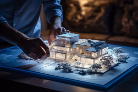 Architectural model of a house being adjusted by a person over blueprints.の素材