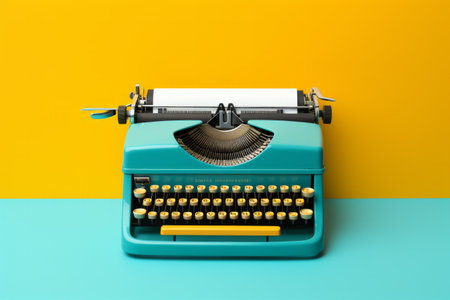 Vintage turquoise typewriter on a yellow background.の素材