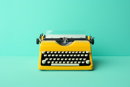 Vintage turquoise typewriter on a yellow background.の素材