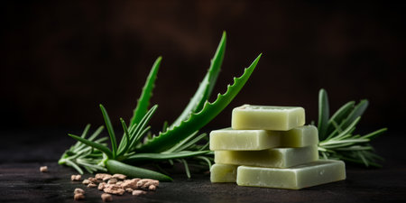 Three bars of natural soap stacked on top of each other with fresh aloe vera leaves on a dark background.の素材