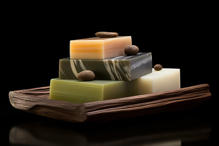 Three bars of natural soap stacked on top of each other with fresh aloe vera leaves on a dark background.の素材