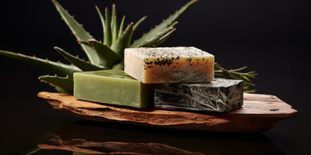 Three bars of natural soap stacked on top of each other with fresh aloe vera leaves on a dark background.の素材