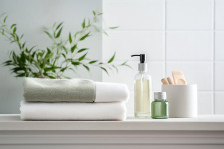 Bathroom countertop with rolled towels, a bar of soap in a dish, and toiletries against a white brick wall.の素材