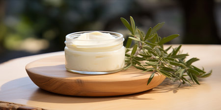 Open jar of cream on a stack of wooden coasters with green sprigs in the background on a white surface.の素材