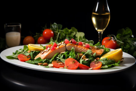 Top view of a white plate surrounded by an array of fresh vegetables and fruits on a light wooden background.の素材