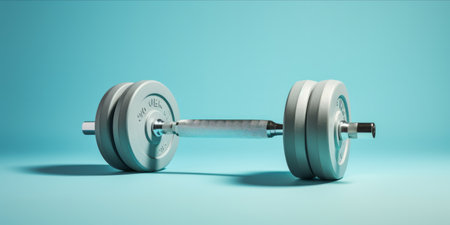 A single dumbbell lying on its side with weight plates next to it on a light blue background.の素材