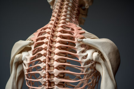 A side view of a human spine model against a light grey background.の素材