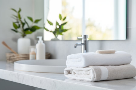 Bathroom countertop with rolled towels, a bar of soap in a dish, and toiletries against a white brick wall.の素材