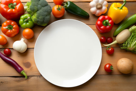 Top view of a white plate surrounded by an array of fresh vegetables and fruits on a light wooden background.の素材