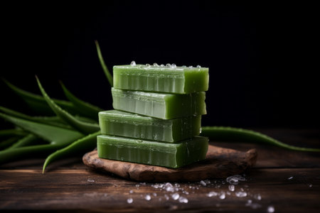 Three bars of natural soap stacked on top of each other with fresh aloe vera leaves on a dark background.の素材