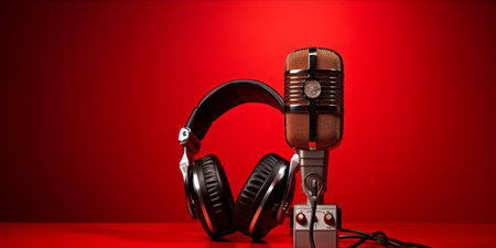 Vintage style microphone and headphones on a vibrant red background.の素材