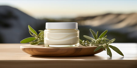 Open jar of cream on a stack of wooden coasters with green sprigs in the background on a white surface.の素材