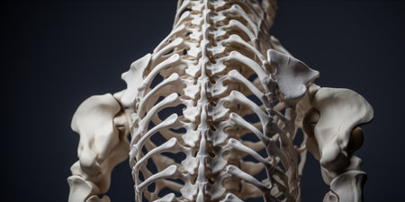 A side view of a human spine model against a light grey background.の素材