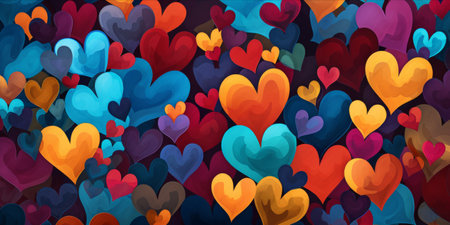 Artistic representation of various heart shapes in different sizes and colors.の素材