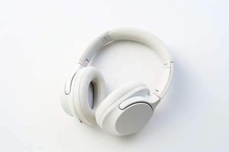 White modern headphones isolated on a white background with a sleek design.の素材