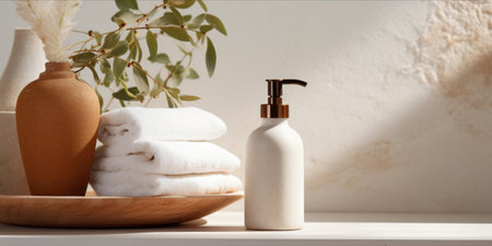 Amber glass soap dispenser on a stone surface with eucalyptus leaves and a white towel.の素材