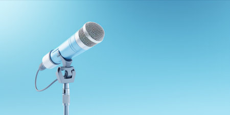 A microphone with a floating white box as a news label on a blue background.の素材