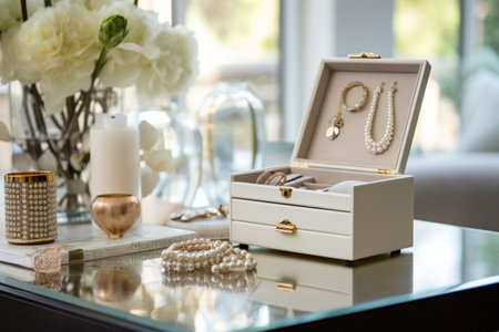 Open jewelry box displaying various pieces of jewelry with a bell shaped brass lamp in the background.の素材