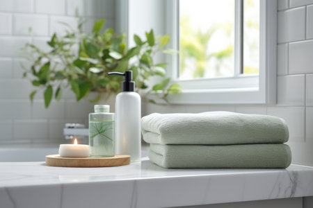 Bathroom countertop with rolled towels, a bar of soap in a dish, and toiletries against a white brick wall.の素材