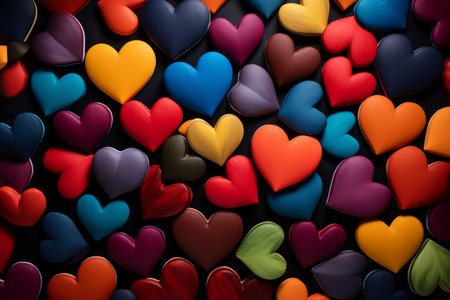 Artistic representation of various heart shapes in different sizes and colors.の素材