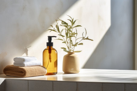 Amber glass soap dispenser on a stone surface with eucalyptus leaves and a white towel.の素材