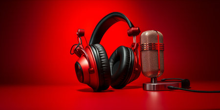 Vintage style microphone and headphones on a vibrant red background.の素材