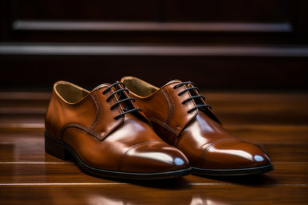 A pair of polished brown leather shoes on a rustic wooden floor.の素材