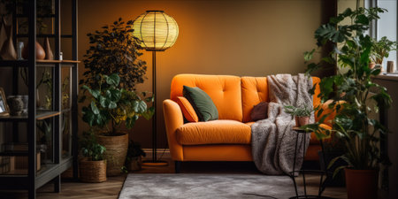Cozy living room corner with a vintage orange sofa, decorative plants, and a stylish floor lamp.の素材