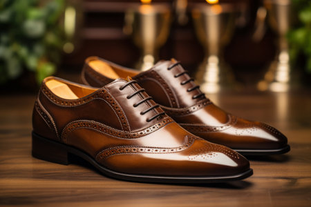 A pair of polished brown leather shoes on a rustic wooden floor.の素材