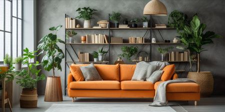 Cozy living room corner with a vintage orange sofa, decorative plants, and a stylish floor lamp.の素材