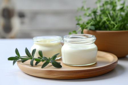 Open jar of cream on a stack of wooden coasters with green sprigs in the background on a white surface.の素材