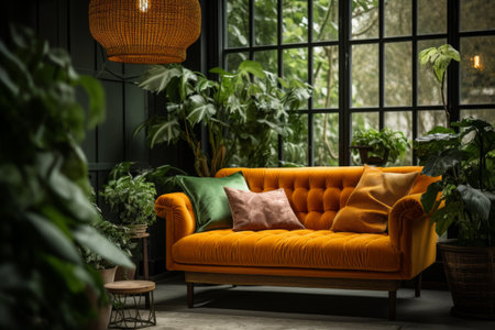 Cozy living room corner with a vintage orange sofa, decorative plants, and a stylish floor lamp.の素材