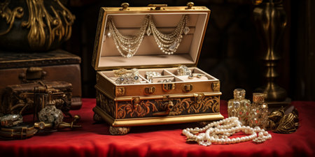 Open jewelry box displaying various pieces of jewelry with a bell shaped brass lamp in the background.の素材