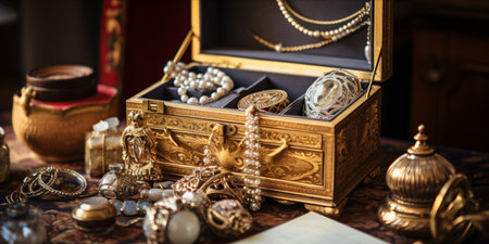 Open jewelry box displaying various pieces of jewelry with a bell shaped brass lamp in the background.の素材