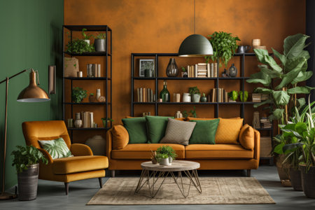 Cozy living room corner with a vintage orange sofa, decorative plants, and a stylish floor lamp.の素材
