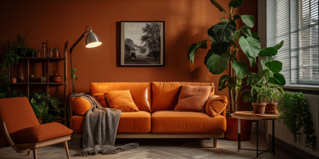 Cozy living room corner with a vintage orange sofa, decorative plants, and a stylish floor lamp.の素材