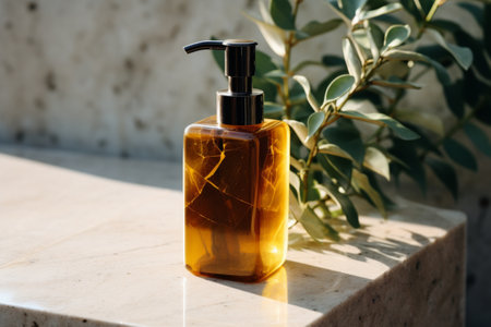 Amber glass soap dispenser on a stone surface with eucalyptus leaves and a white towel.の素材