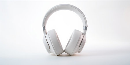 White modern headphones isolated on a white background with a sleek design.の素材