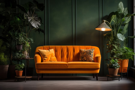 Cozy living room corner with a vintage orange sofa, decorative plants, and a stylish floor lamp.の素材