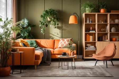Cozy living room corner with a vintage orange sofa, decorative plants, and a stylish floor lamp.の素材
