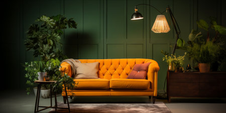 Cozy living room corner with a vintage orange sofa, decorative plants, and a stylish floor lamp.の素材