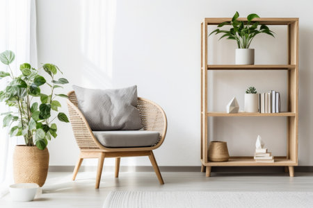 Modern minimalist living space with a rattan chair, white shelving unit, and houseplants.の素材