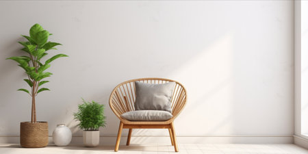 Modern minimalist living space with a rattan chair, white shelving unit, and houseplants.の素材